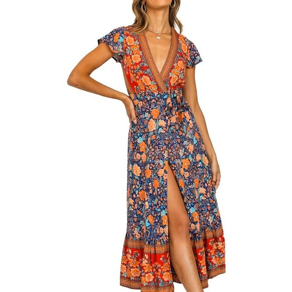 NWT PrettyGarden Blue Red Floral Wrap Boho Gypsy Maxi Dress - Picture 1 of 13